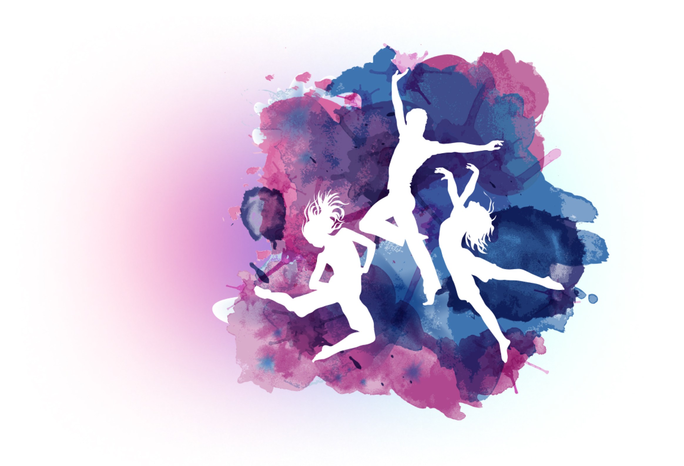 White silhouettes of people dancing on a watercolour background